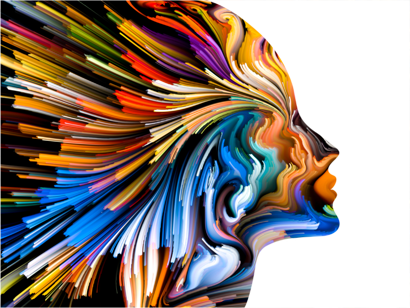 Picture of a persons face filled in with many different colours