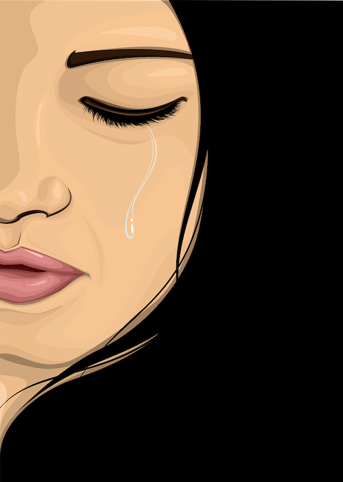 Cartoon image of a womens face with a tear falling down her cheek